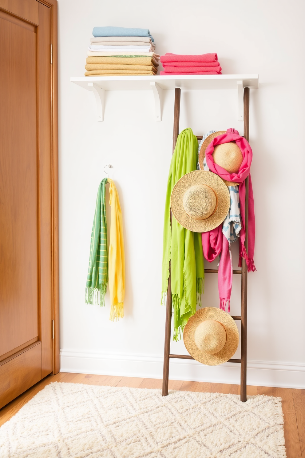 A stylish ladder leans against the wall, serving as a unique display for hanging summer accessories and lightweight garments. Brightly colored scarves and sun hats are draped elegantly over the rungs, adding a playful touch to the closet decor. The floor features a soft area rug that complements the seasonal theme, creating a cozy atmosphere. Shelves above the ladder are adorned with neatly folded summer essentials, enhancing the overall organization and aesthetics of the space.