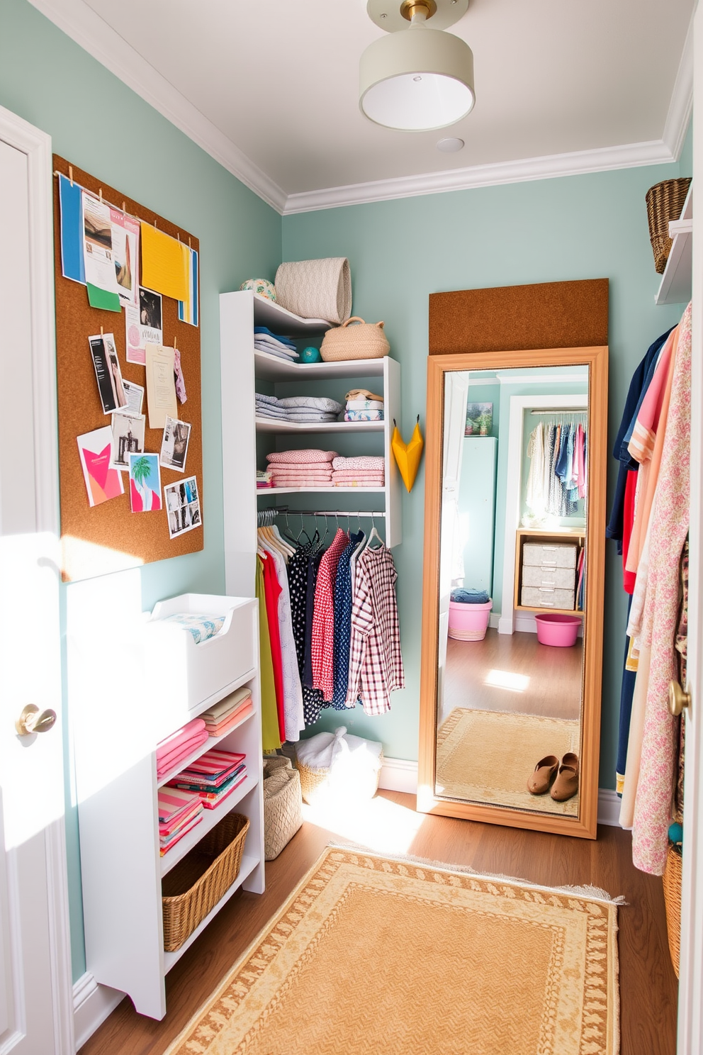 A bright and airy summer closet filled with vibrant colors and textures. The walls are adorned with a large corkboard showcasing seasonal inspiration, including fabric swatches and magazine clippings. Stylish open shelving displays neatly folded summer clothes and accessories, while a cozy rug adds warmth to the space. A full-length mirror reflects the cheerful atmosphere, enhancing the overall design.