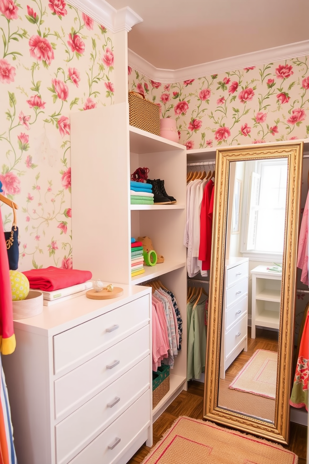 A bright and airy summer closet featuring a wallpaper accent with vibrant floral patterns. The walls are adorned with light pastel colors that complement the summer theme, creating a cheerful atmosphere. Incorporate open shelving to display colorful accessories and neatly folded summer clothes. A stylish full-length mirror is positioned to reflect natural light, enhancing the overall brightness of the space.