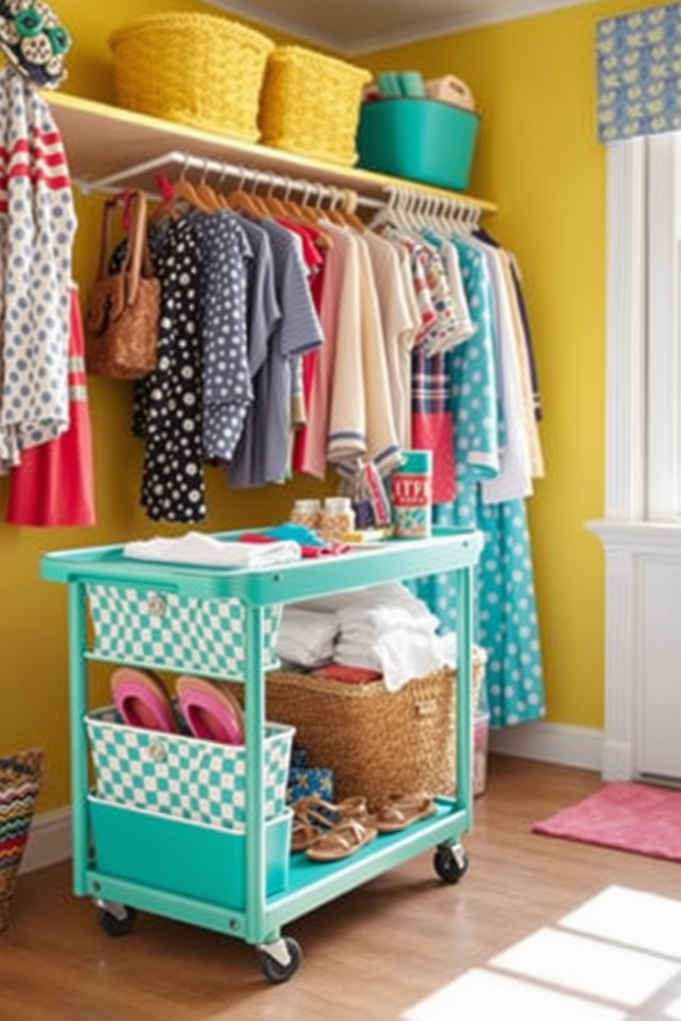 A stylish summer closet featuring a rolling cart for mobile storage. The cart is filled with neatly organized summer essentials such as lightweight clothing, sandals, and beach accessories. Bright colors and playful patterns adorn the closet walls, creating a cheerful atmosphere. Natural light streams in through a nearby window, illuminating the vibrant decor and enhancing the overall summery feel.