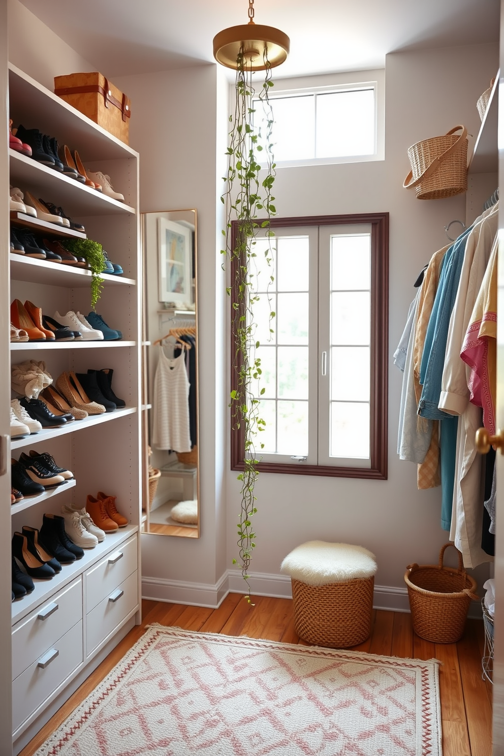 A bright and airy summer closet space featuring open shelving adorned with neatly organized shoes and accessories. A large mirror reflects the natural light streaming in from a nearby window, creating an inviting atmosphere. Soft pastel colors dominate the walls, while a cozy rug adds warmth to the floor. A hanging plant cascades from a shelf, bringing a touch of greenery and life to the overall design.