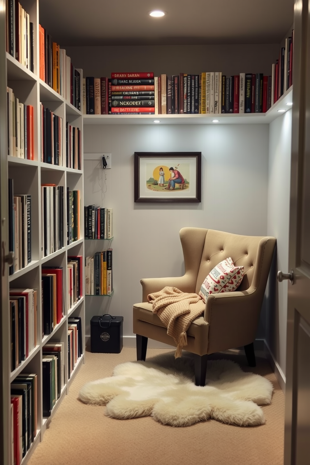 Create a cozy reading nook in a closet with soft lighting and plush seating. The walls are lined with bookshelves filled with a variety of books, and a comfortable armchair is placed in the corner with a warm throw blanket draped over it.