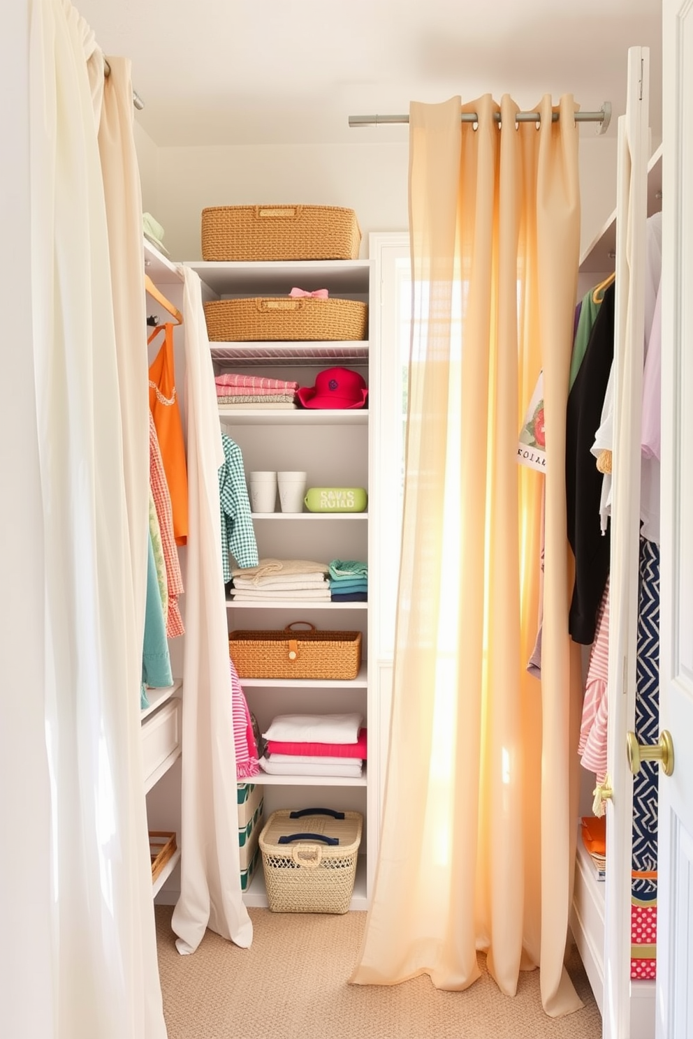 A bright and cheerful summer closet with lightweight, flowing curtains that create an airy feel. The space features organized shelves filled with colorful summer clothes and accessories, complemented by natural light streaming in through the curtains.