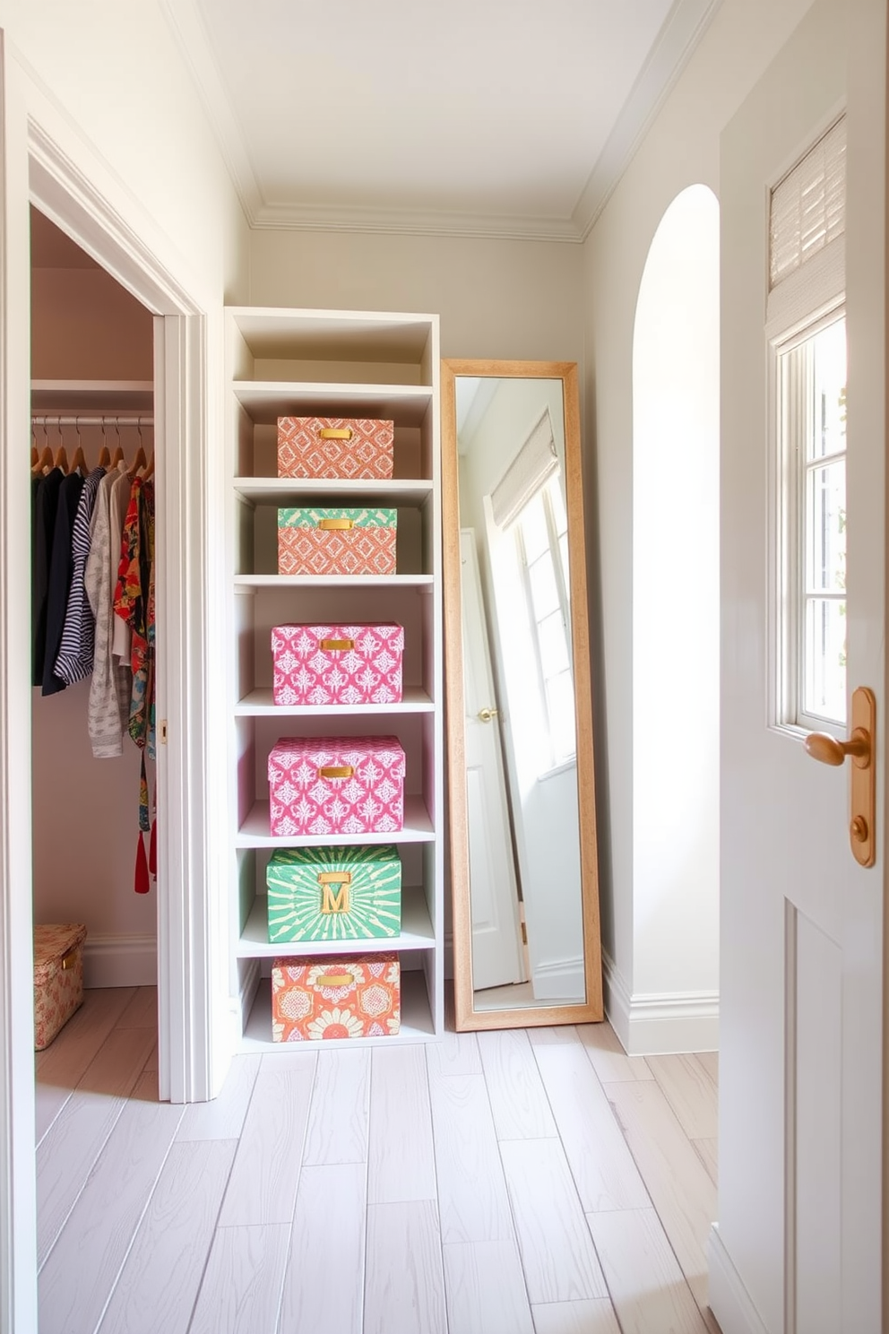 A bright and airy summer closet featuring decorative boxes for hidden storage. The walls are painted in a soft pastel hue, and the floor is adorned with a light wood finish that enhances the spacious feel. The decorative boxes are arranged neatly on open shelves, showcasing vibrant patterns that add a pop of color. A full-length mirror is positioned beside the boxes, reflecting natural light streaming in from a nearby window.