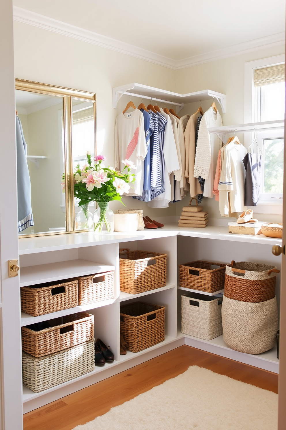 A bright and airy summer closet featuring open shelving and hanging space for clothing. The walls are painted in a soft pastel hue, and a large statement mirror reflects the natural light streaming in from a nearby window. Stylish baskets are neatly arranged on the lower shelves, providing storage for accessories and shoes. Fresh flowers in a vase add a touch of color, while a cozy rug anchors the space and invites you to step inside.