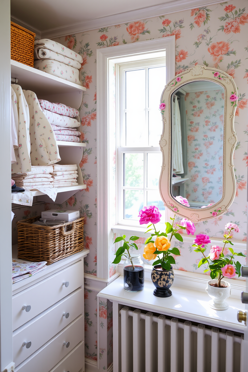 A bright and airy summer closet features floral print wallpaper in soft pastel colors. The shelves are adorned with neatly folded clothes in coordinating floral patterns, while a vintage wicker basket holds accessories. A large mirror with a floral frame reflects the natural light streaming in from a nearby window. Potted plants with vibrant blooms sit on the windowsill, adding a fresh and lively touch to the space.