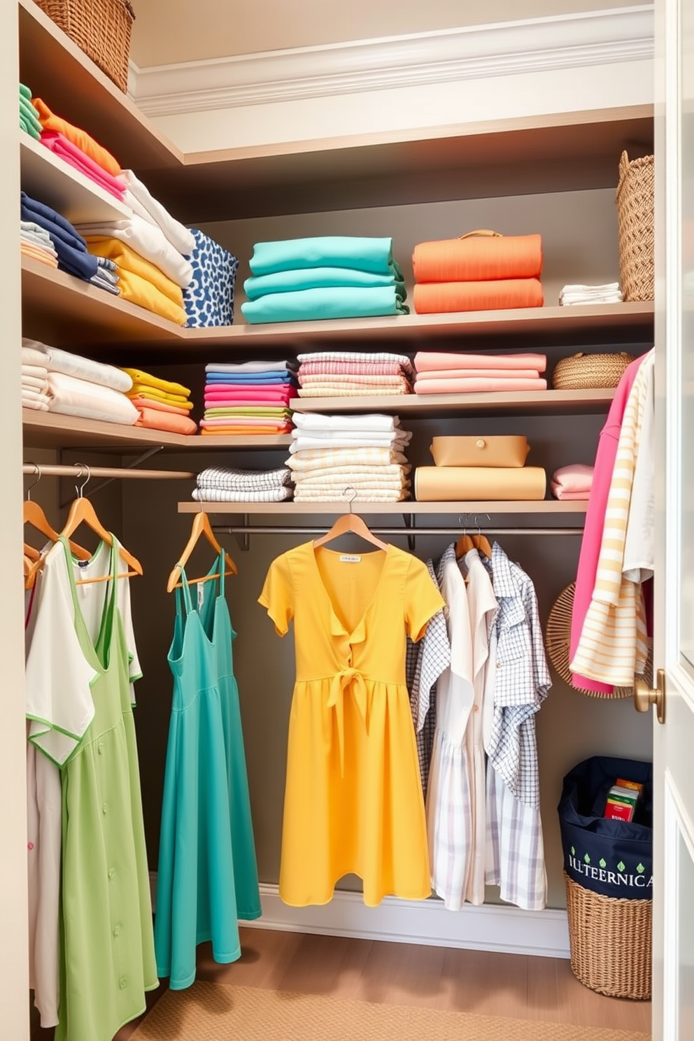 A summer-inspired closet featuring open shelving for easy access to clothing and accessories. The shelves are filled with neatly folded lightweight fabrics in bright colors, while hanging space showcases summer dresses and casual shirts.