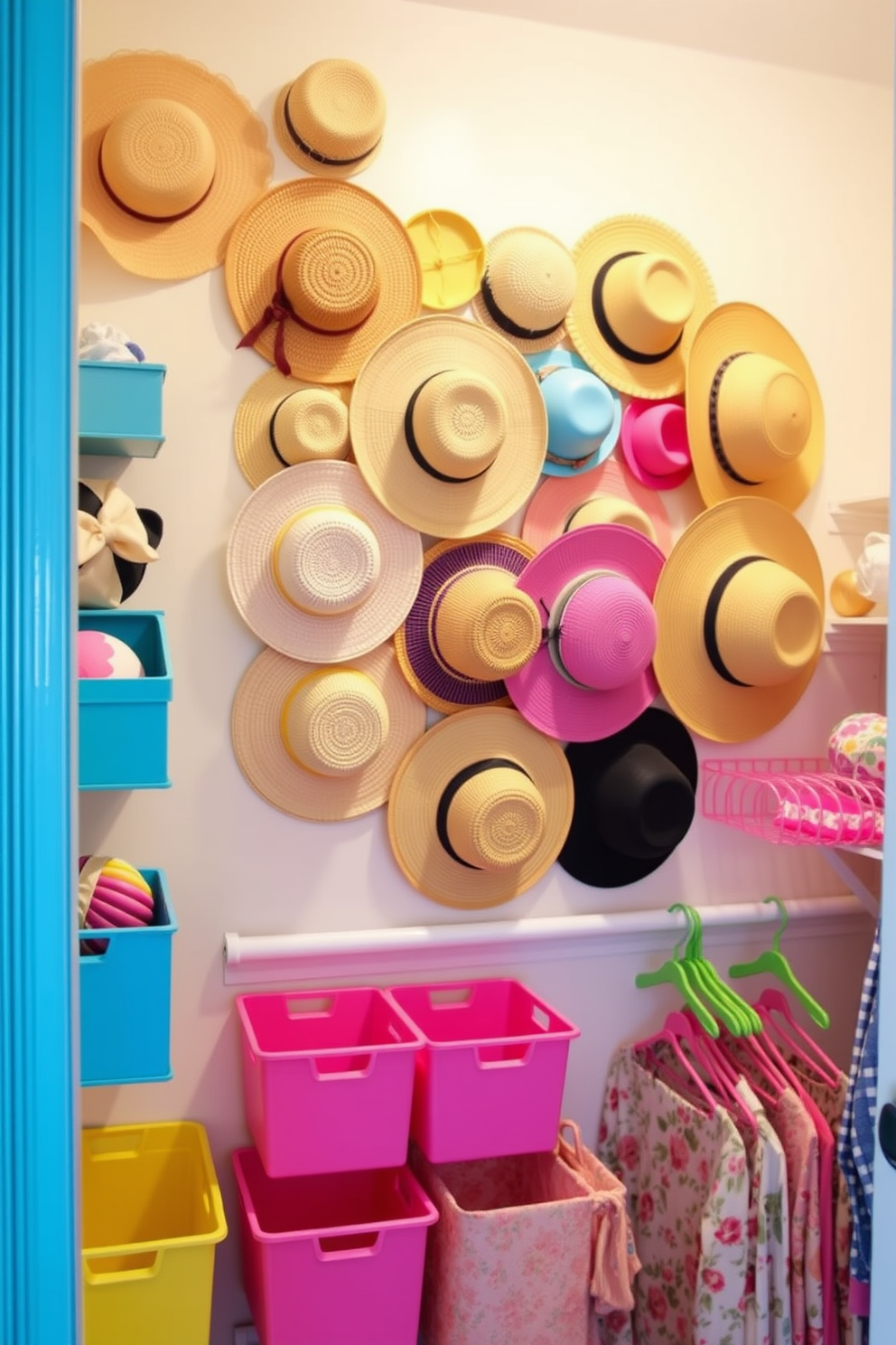 Display summer hats as wall art. Arrange a variety of colorful straw hats in a dynamic pattern on a light-colored wall to create a vibrant focal point. For summer closet decorating ideas, incorporate bright storage bins and hangers to enhance organization and style. Use pastel-colored accents and floral patterns to evoke a cheerful summer vibe in your closet space.