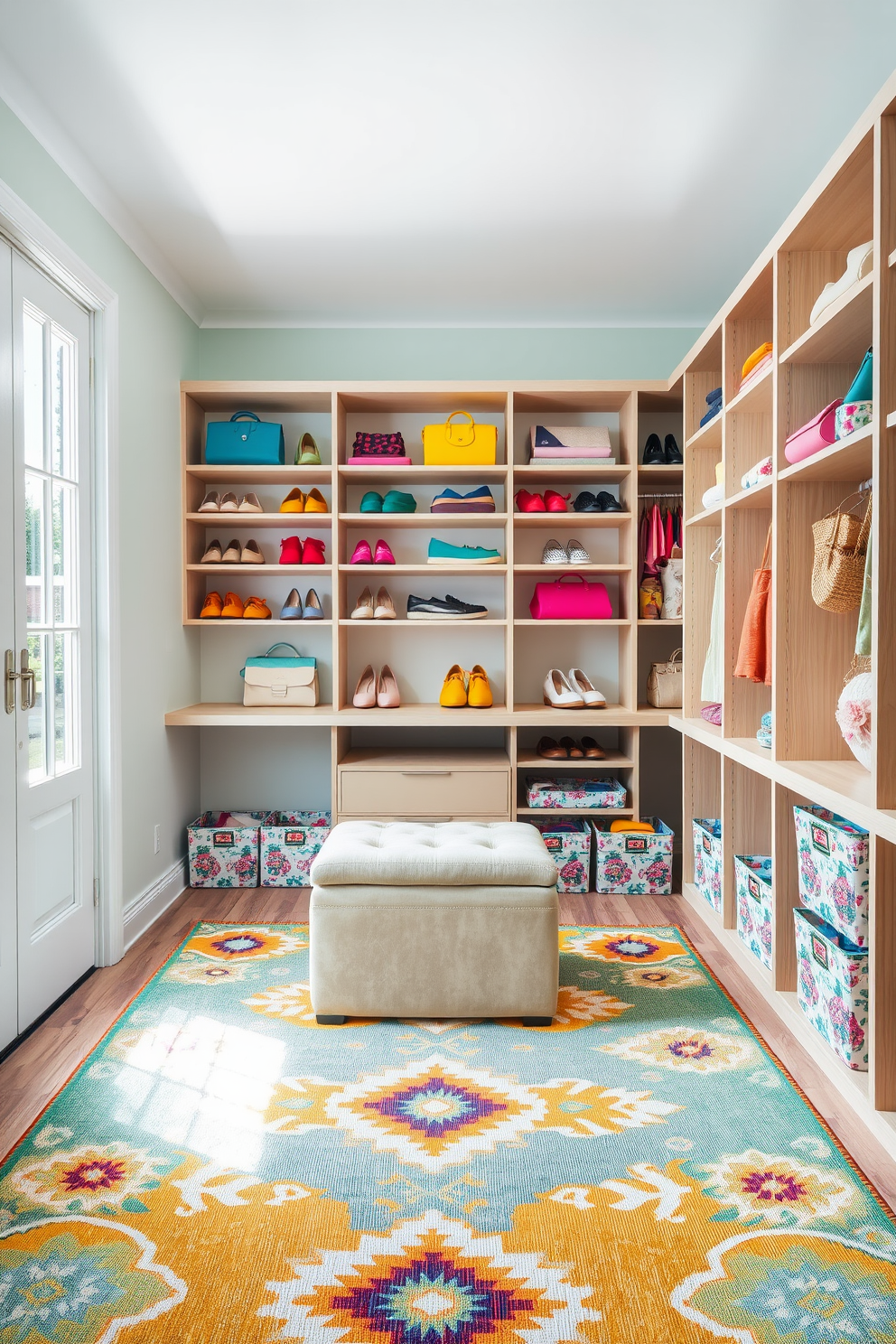 A vibrant area rug anchors the space in a summer-themed closet filled with light. The walls are painted in a soft pastel hue, and natural light streams in through a large window, illuminating the colorful accessories displayed. Shelving units made of light wood showcase neatly arranged shoes and bags, while a plush ottoman provides a cozy seating area. Floral-patterned storage bins are used to organize smaller items, adding a playful touch to the overall decor.