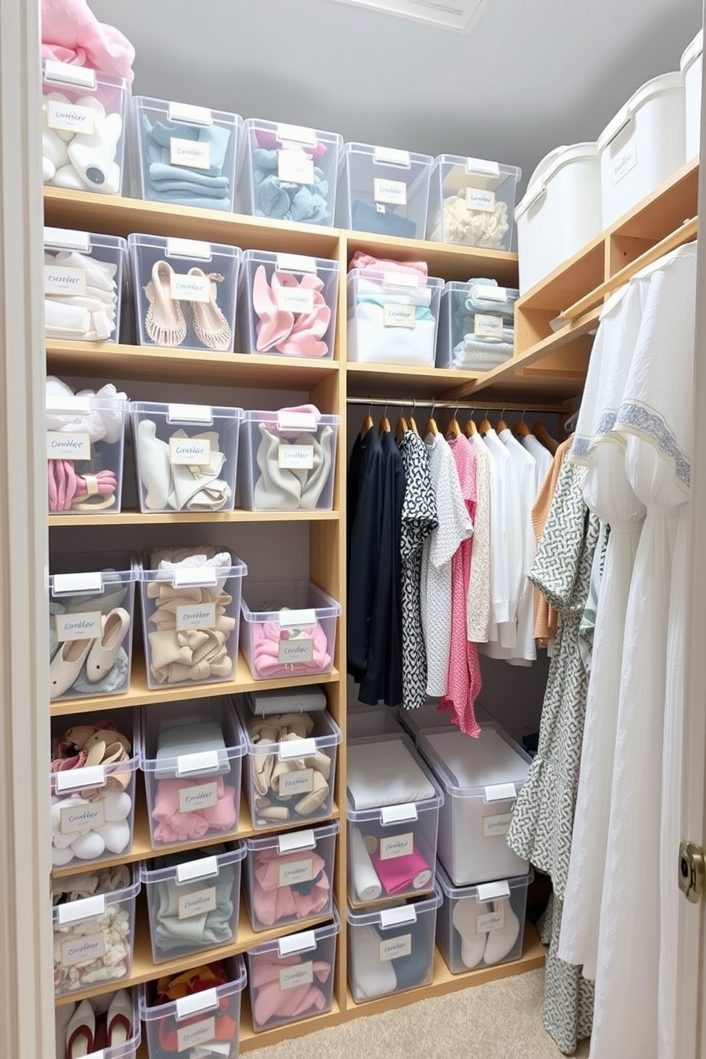 A bright and airy summer closet filled with clear bins for organized visibility. Each bin is labeled with stylish tags, showcasing seasonal clothing and accessories in pastel colors. The closet features a wooden shelving unit that maximizes space, with hanging rods for dresses and blouses. Soft lighting illuminates the area, creating a welcoming atmosphere for easy outfit selection.