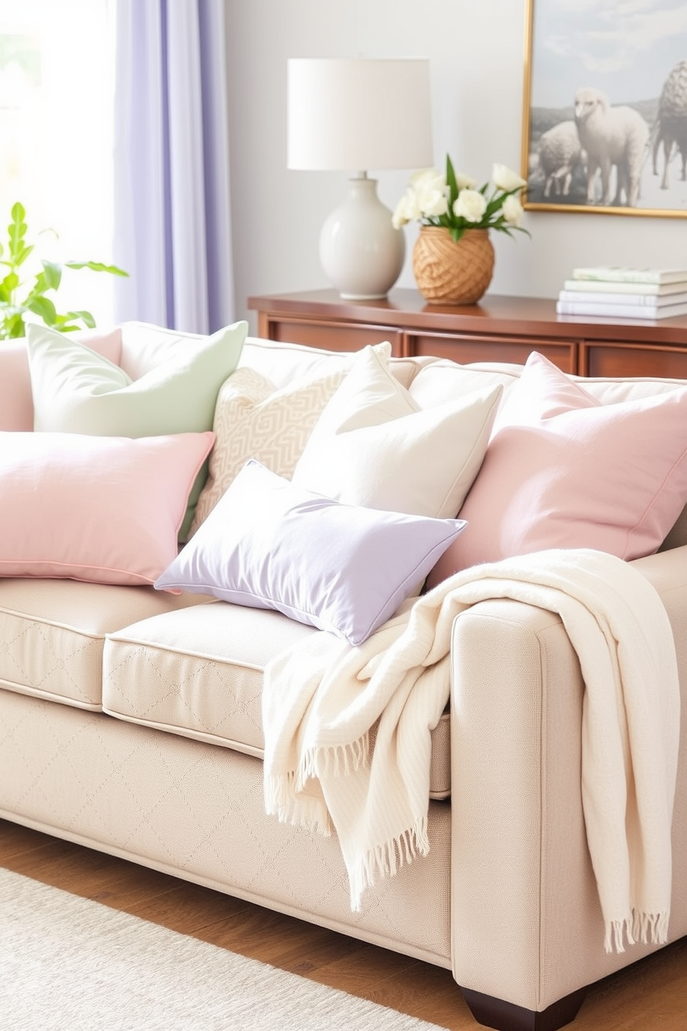 Brighten up your living space with an array of pastel throw pillows in soft shades of pink, mint green, and lavender. Arrange them on a neutral-toned sofa to create a fresh and inviting summer atmosphere. Incorporate light, airy fabrics such as linen and cotton for your throw pillows to enhance the seasonal vibe. Pair these with a light-colored throw blanket draped over the arm of the sofa for added comfort and style.