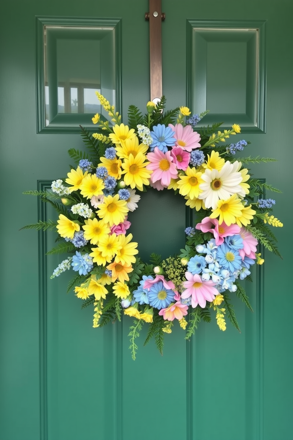 A vibrant summer wreath made of assorted flowers and greenery is hung on the front door, welcoming guests with a burst of color. The wreath features shades of yellow, pink, and blue, perfectly capturing the essence of the season and adding a cheerful touch to the entrance.