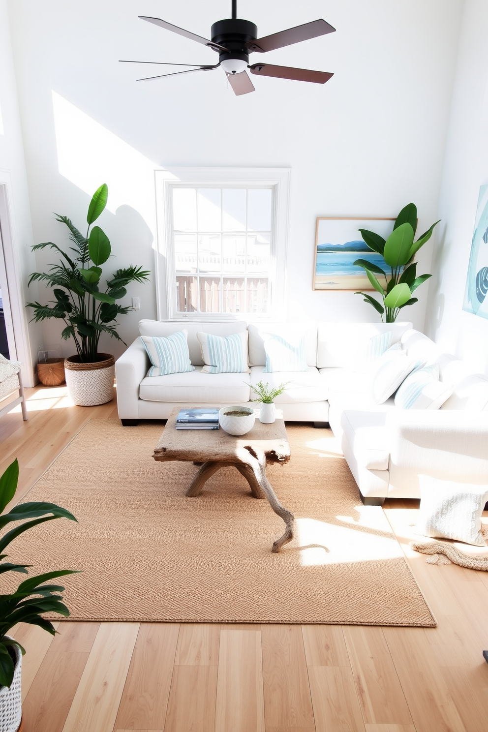 A bright and airy living space featuring a comfortable sectional sofa adorned with light blue and white throw pillows. A beachy rug with a sandy color palette anchors the room, complementing the natural light streaming in through large windows. Decorative elements include a driftwood coffee table and coastal artwork on the walls, creating a relaxed summer vibe. Potted plants are strategically placed to enhance the fresh and inviting atmosphere of the room.