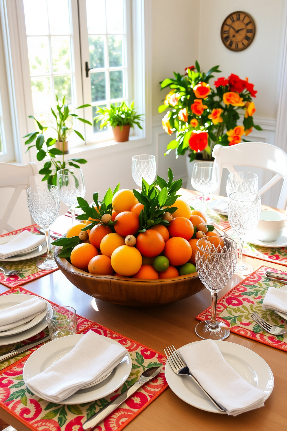 A bright and inviting dining table is adorned with an array of colorful citrus fruits such as oranges, lemons, and limes arranged in a large, rustic wooden bowl. Surrounding the bowl are vibrant, patterned placemats that complement the fresh and lively theme of summer. The table is set with elegant white dinnerware and sparkling glassware, reflecting the sunlight streaming through nearby windows. Fresh greenery from potted plants adds a touch of nature, enhancing the cheerful atmosphere of the summer gathering.