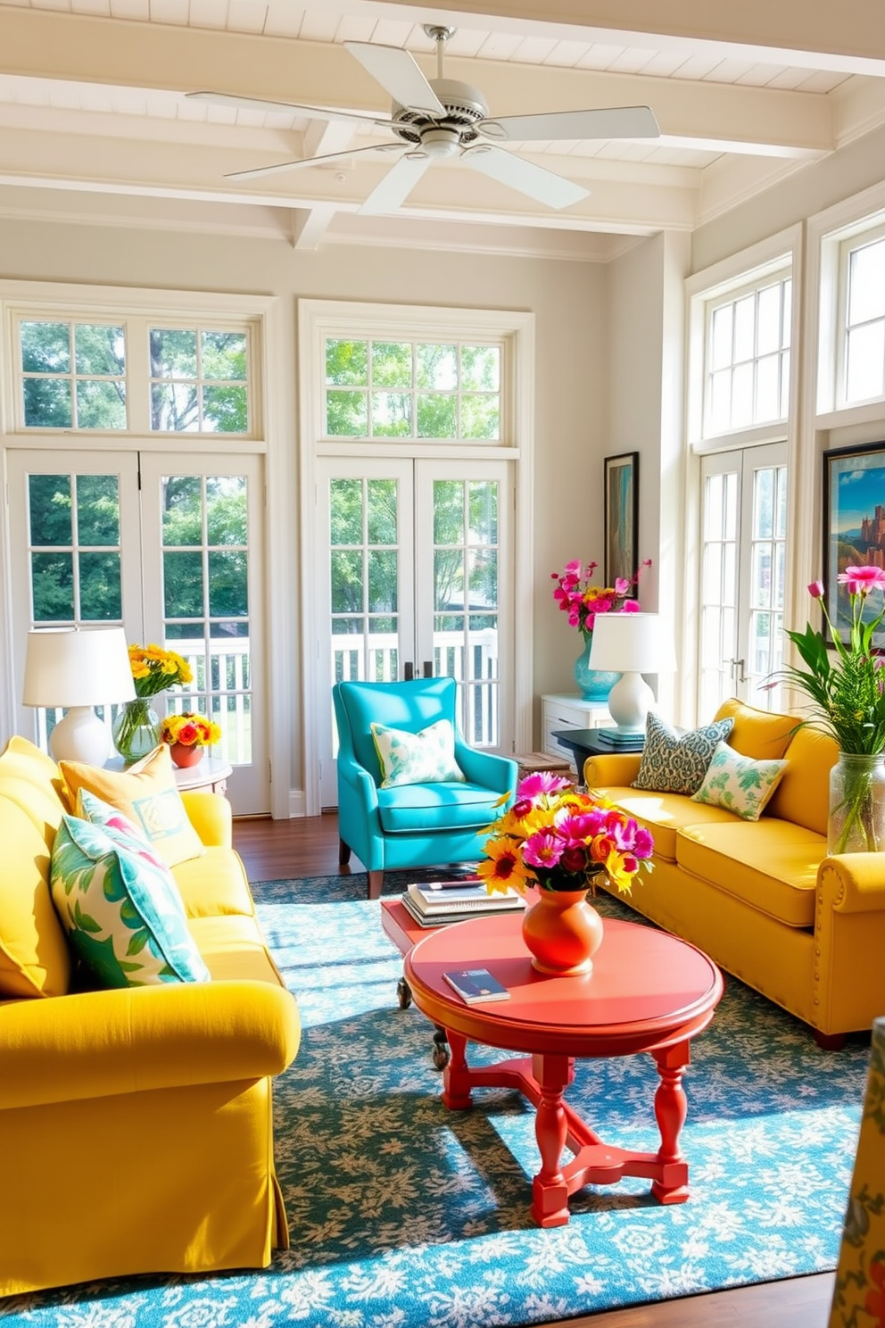 A bright and airy living room filled with furniture painted in cheerful summer colors. The sofa is upholstered in a vibrant yellow fabric, complemented by turquoise accent chairs and a coral coffee table. Large windows allow natural light to flood the space, enhancing the lively atmosphere. Fresh floral arrangements in bright hues are scattered throughout, adding a touch of nature to the decor.