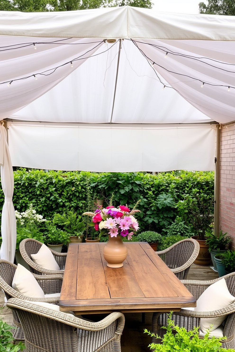 A charming outdoor dining area is set under a large, white canopy adorned with twinkling fairy lights. The table is a rustic wooden piece, surrounded by comfortable wicker chairs with soft, pastel cushions. On the table, a vibrant centerpiece of fresh flowers in a ceramic vase adds a touch of color. Surrounding the area, lush greenery and potted plants create a serene and inviting atmosphere for summer gatherings.