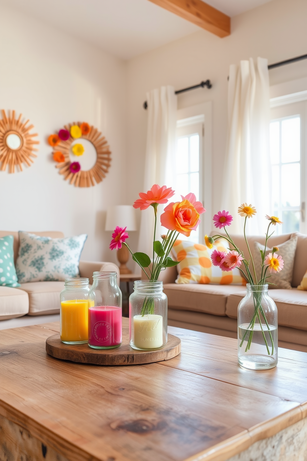 A bright and airy living room adorned with vibrant summer decorations. Glass jars filled with colorful candles are placed on a rustic wooden coffee table, creating a warm and inviting atmosphere. The walls are painted in a soft pastel hue, complementing the light, sheer curtains that flutter gently in the breeze. Fresh flowers in a glass vase add a touch of nature, enhancing the overall cheerful vibe of the space.