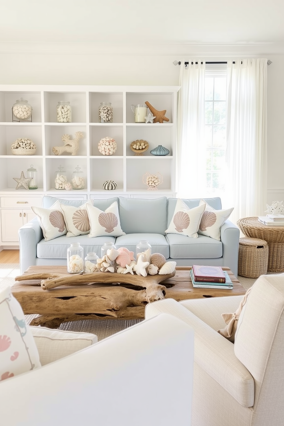 A bright and airy living room filled with summer vibes. The space features a light blue sofa adorned with seashell-patterned throw pillows, and a large coffee table made of driftwood surrounded by woven baskets. On the shelves, decorative items include glass jars filled with assorted seashells and coral accents. The walls are painted in a soft white, and sheer curtains allow natural light to flood in, enhancing the coastal feel of the room.