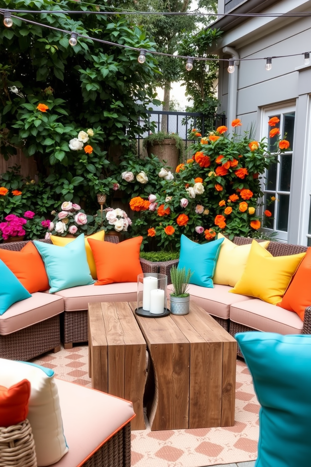 A vibrant outdoor seating area adorned with colorful cushions in shades of turquoise, orange, and yellow. The cushions are arranged on a stylish wicker sofa, surrounded by lush greenery and blooming flowers. A chic coffee table made of reclaimed wood sits in the center, topped with a few decorative candles and a small potted plant. The space is illuminated by soft string lights overhead, creating a cozy atmosphere for summer evenings.