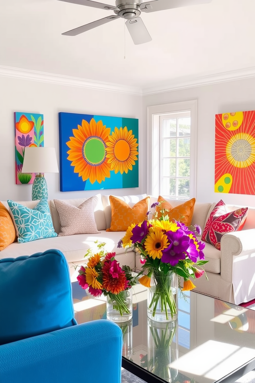 Bright artwork adorns the walls of a sunlit living room, featuring vibrant colors and bold patterns that create a lively atmosphere. The room is filled with natural light, and the artwork serves as a focal point, drawing the eye and uplifting the mood. Incorporate cheerful accessories like throw pillows and light fabrics to enhance the summer vibe. A fresh arrangement of seasonal flowers on the coffee table adds a touch of nature and complements the bright artwork beautifully.