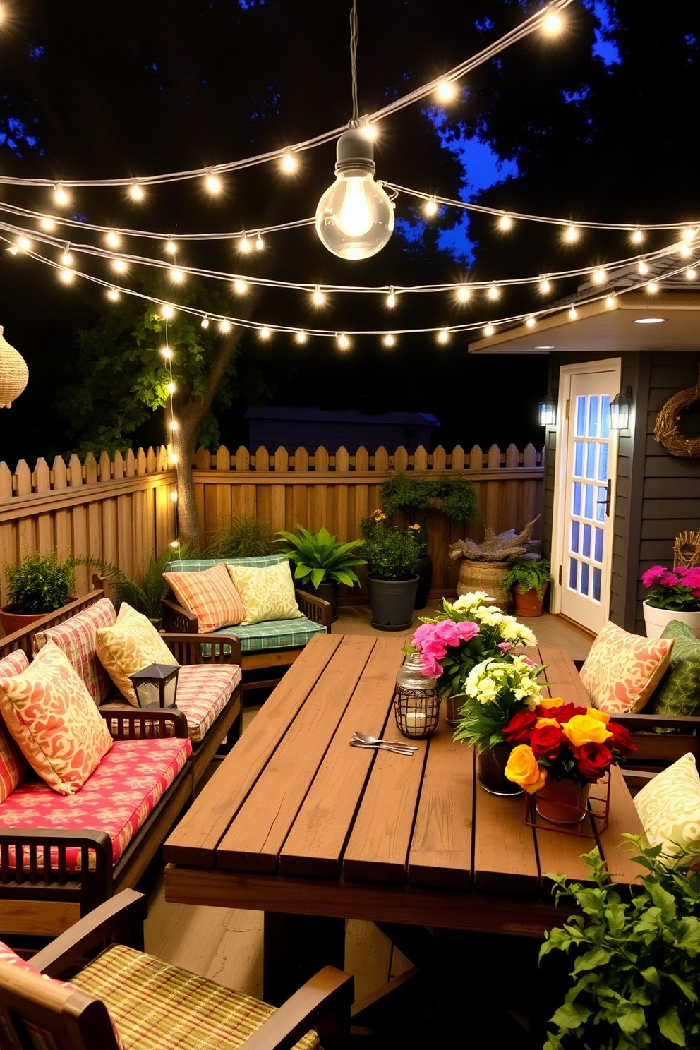 Create a cozy outdoor space adorned with string lights that cast a warm glow over the seating area. The lights are draped elegantly across the patio, illuminating colorful cushions and a rustic wooden table set for a summer gathering. Incorporate vibrant summer decor elements such as potted plants and floral centerpieces. The atmosphere is inviting and perfect for evening relaxation and entertaining guests.