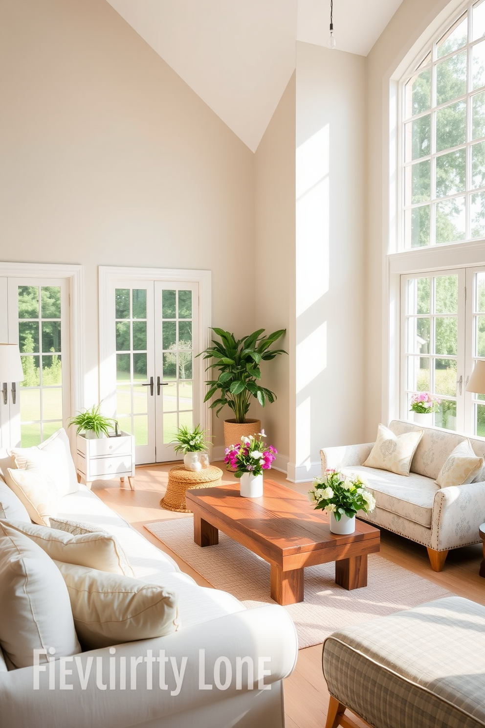 A bright and airy living room filled with summer vibes. Large windows let in abundant natural light, and the walls are painted in a soft pastel hue. The furniture features light-colored fabrics with cheerful patterns, complemented by natural wood accents like a reclaimed wood coffee table. Potted plants and fresh flowers add a touch of greenery, enhancing the warm and inviting atmosphere.