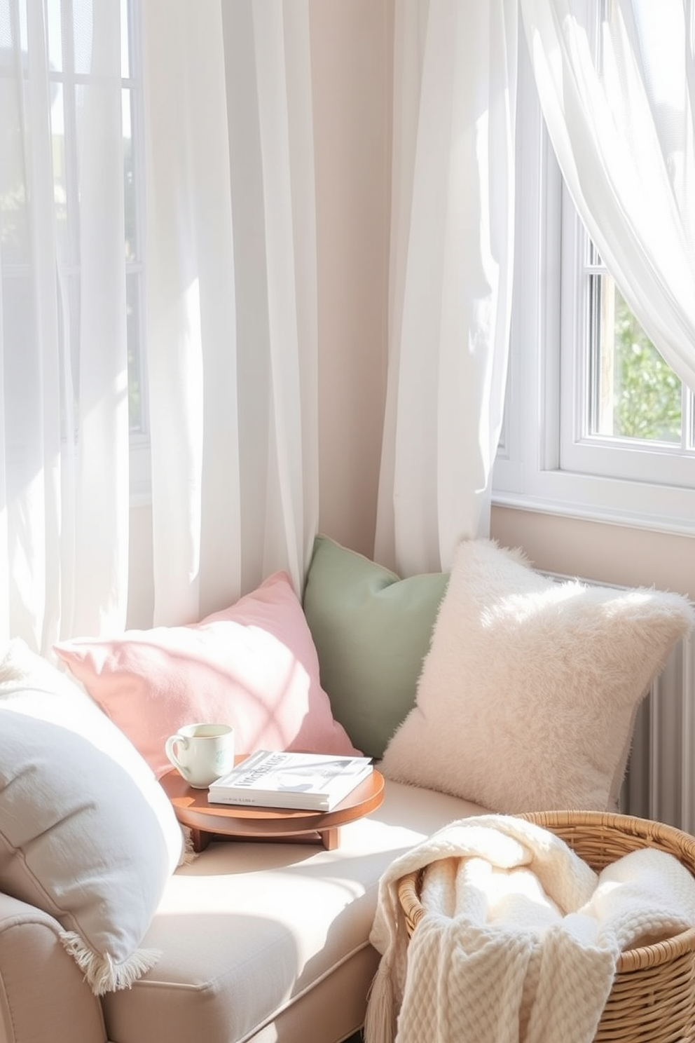 Create a cozy reading nook with plush pillows in a soft pastel color palette. A comfortable armchair is positioned next to a small wooden side table, adorned with a stack of books and a steaming cup of tea. Natural light floods the space through a nearby window, framed by sheer white curtains that flutter gently. A woven basket filled with blankets sits in the corner, inviting you to curl up and enjoy a leisurely afternoon.