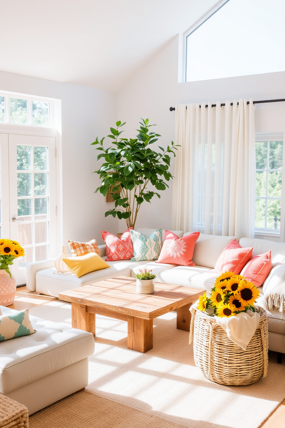 A bright and airy living room filled with natural light. The space features a large sectional sofa adorned with colorful throw pillows and a coffee table made of reclaimed wood. In one corner, a tall indoor plant adds a touch of greenery and freshness. Summer-themed decor items like a woven basket filled with sunflowers and light, breezy curtains complete the cheerful atmosphere.