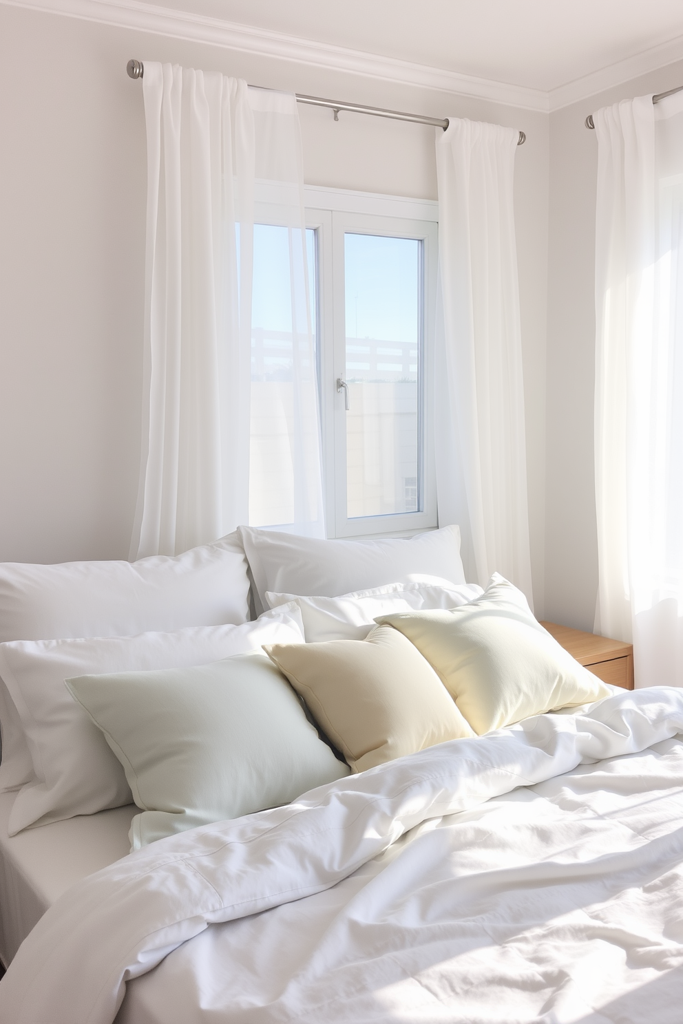 A bright and airy bedroom filled with natural light. The bedding features soft white linens with subtle pastel accents, creating a serene atmosphere. Delicate throw pillows in light blue and pale yellow adorn the bed, enhancing the summer vibe. A lightweight, sheer curtain gently sways in the breeze, allowing sunlight to filter through.