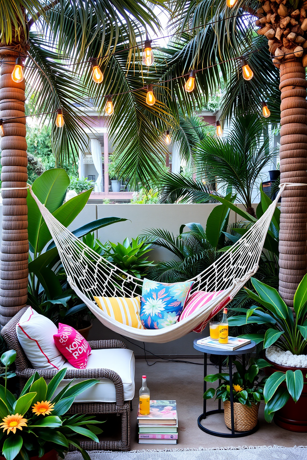 A serene outdoor living space featuring a cozy hammock suspended between two palm trees. Surrounding the hammock are vibrant tropical plants and colorful throw pillows that invite relaxation and comfort. The area is adorned with summer-themed decorations such as lanterns and string lights for a warm ambiance. A small side table holds refreshing drinks and a stack of summer reading materials, completing the perfect summer retreat.