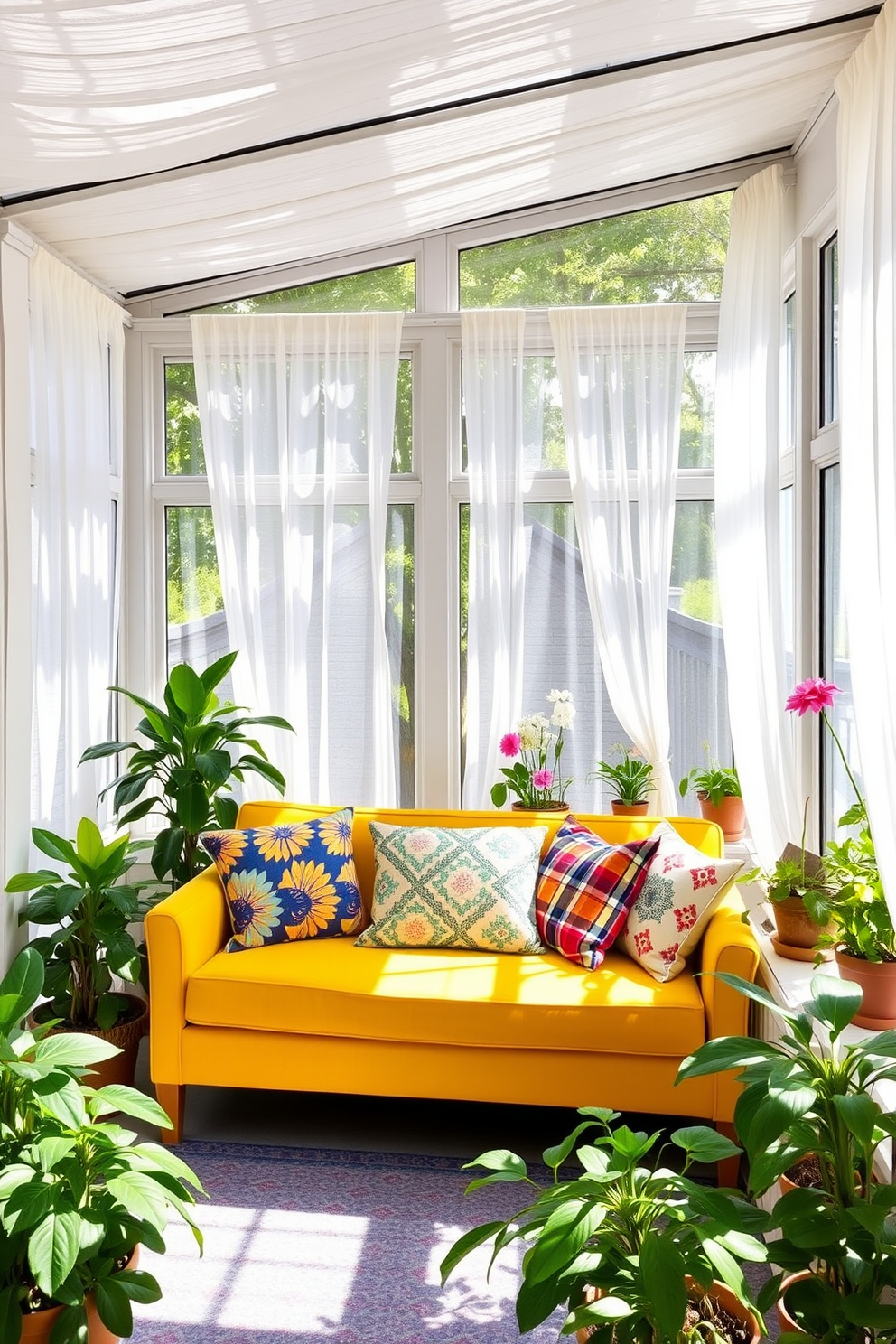 Create a sunroom filled with natural light and bright accents. The space features large windows adorned with sheer white curtains, allowing sunlight to flood in and create a warm atmosphere. In the center, a comfortable seating area includes a vibrant yellow sofa and a mix of colorful throw pillows. Potted plants in various sizes are strategically placed around the room, enhancing the fresh and lively summer vibe.