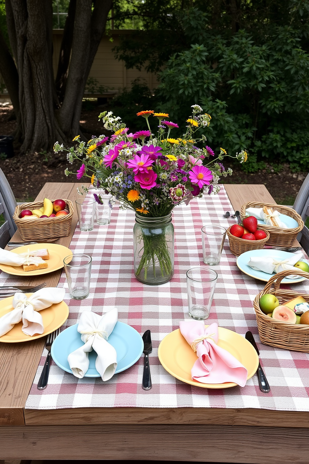 A charming picnic-themed table setting is arranged on a checkered tablecloth spread across a rustic wooden table. The table is adorned with a vibrant bouquet of wildflowers in a mason jar, surrounded by colorful plates and mismatched cutlery. Woven baskets filled with fresh fruits and sandwiches are placed at each end of the table. Soft, pastel-colored napkins are casually tied around the plates, and a light breeze rustles the nearby trees, adding to the serene summer atmosphere.