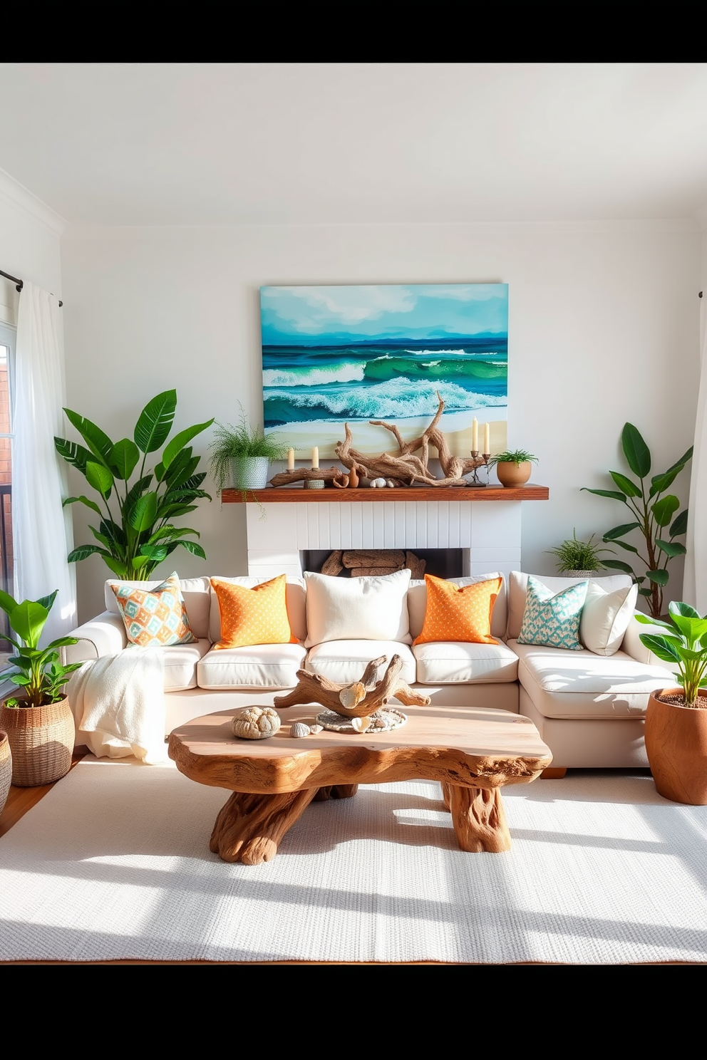 A bright and airy living room that embraces summer vibes. The walls are painted in a soft white, and light curtains flutter gently in the breeze, allowing natural light to flood the space. A large driftwood coffee table sits in the center, surrounded by a plush, oversized sectional sofa adorned with vibrant, patterned throw pillows. Potted plants in various sizes are strategically placed around the room, adding a touch of greenery and life. On the mantel, a collection of driftwood pieces is artfully arranged alongside seashells and candles, creating a coastal-inspired focal point. A large piece of abstract artwork featuring ocean hues hangs above the sofa, tying the room together with its refreshing summer palette.