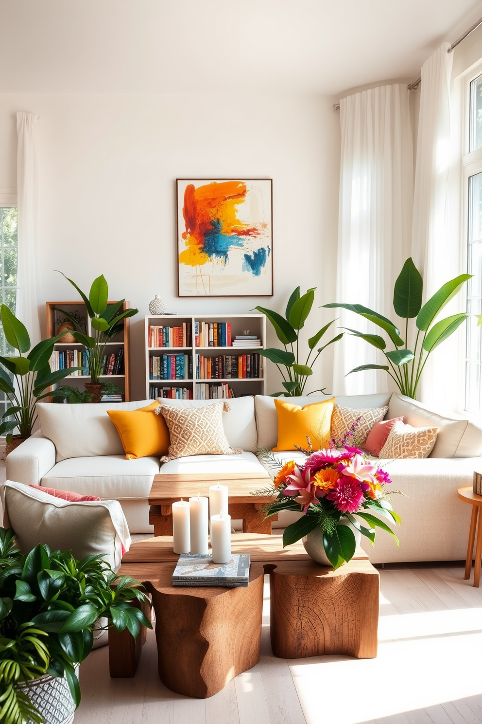 A bright and airy living room filled with natural light. The walls are painted in soft pastel colors, and large windows draped with sheer white curtains allow sunlight to filter in. A cozy seating arrangement features a light beige sectional sofa adorned with vibrant throw pillows. A wooden coffee table sits in the center, surrounded by lush green plants that add a refreshing touch to the space. In one corner, a stylish bookshelf displays an array of colorful books and decorative items. A large piece of abstract art hangs above the sofa, creating a focal point that complements the summer theme. To enhance the atmosphere, scented candles are placed on the coffee table, offering a delightful fragrance that evokes the essence of summer. Fresh flowers in a vase add a pop of color and bring the outdoors inside, completing the inviting decor.