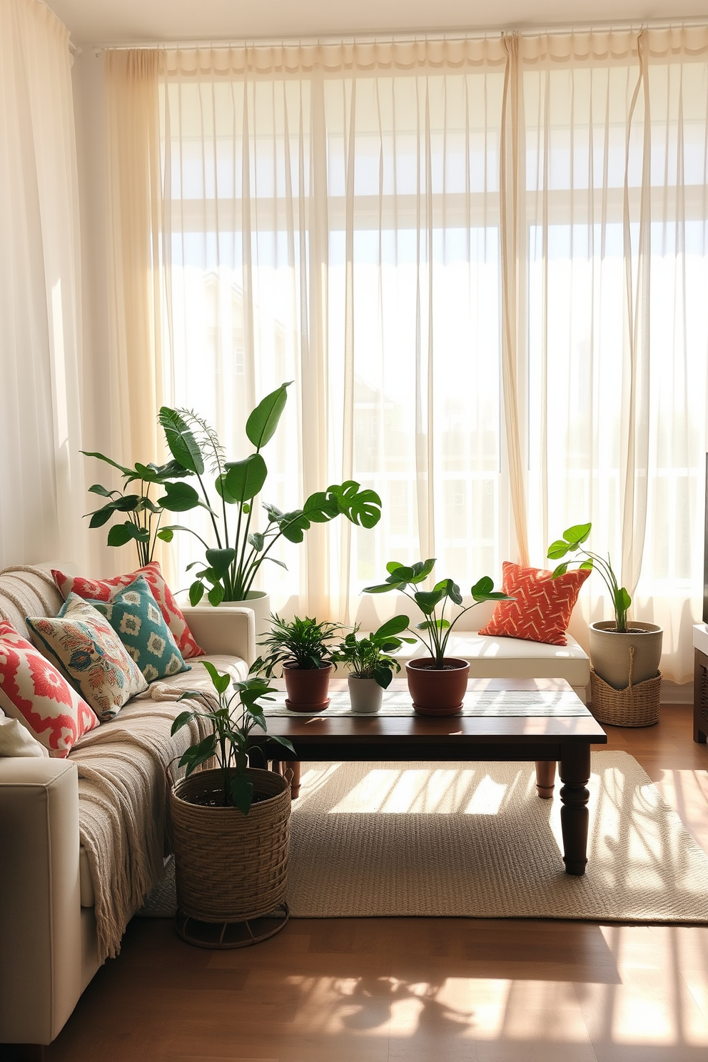 A bright and airy living space filled with natural light. Light sheer curtains billow gently in the breeze, allowing sunlight to filter through and create a warm atmosphere. The room features a comfortable sofa adorned with colorful throw pillows and a lightweight summer blanket. A wooden coffee table sits in the center, surrounded by potted plants that add a refreshing touch of greenery.