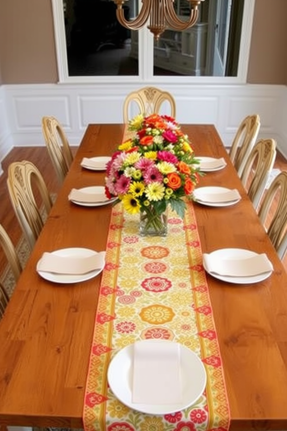 Create a bright and inviting dining room setting featuring a long wooden table adorned with colorful patterned table runners. Surround the table with elegant chairs, and add fresh flowers in a vase at the center to enhance the summer theme.