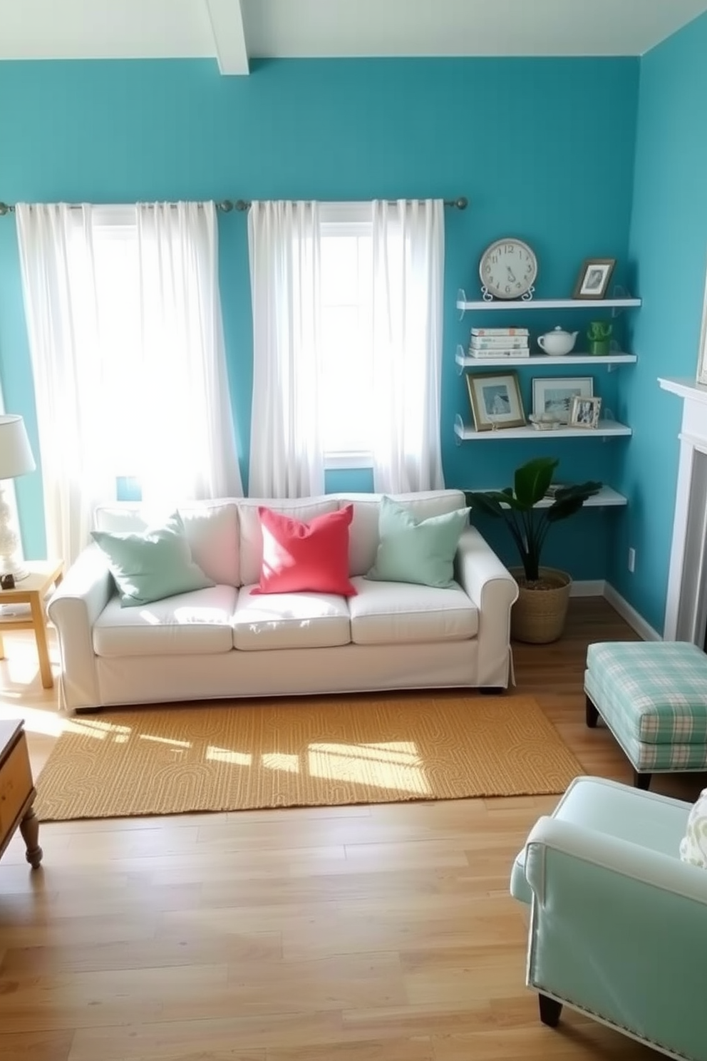 A serene living room featuring a coastal blue accent wall that adds a refreshing touch to the space. The room is filled with light from large windows adorned with sheer white curtains, creating an airy atmosphere. A comfortable white sofa is complemented by vibrant throw pillows in shades of coral and seafoam green. A natural jute rug anchors the seating area, while a collection of beach-themed decor pieces adorns the shelves.