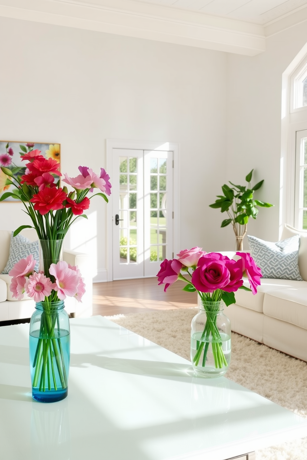 A bright and airy living room filled with natural light. Fresh flowers in vibrant vases are placed on a sleek coffee table, adding a pop of color to the space. The walls are painted in a soft pastel hue, complementing the light-colored furniture. A plush area rug anchors the seating area, creating a cozy atmosphere perfect for summer entertaining.