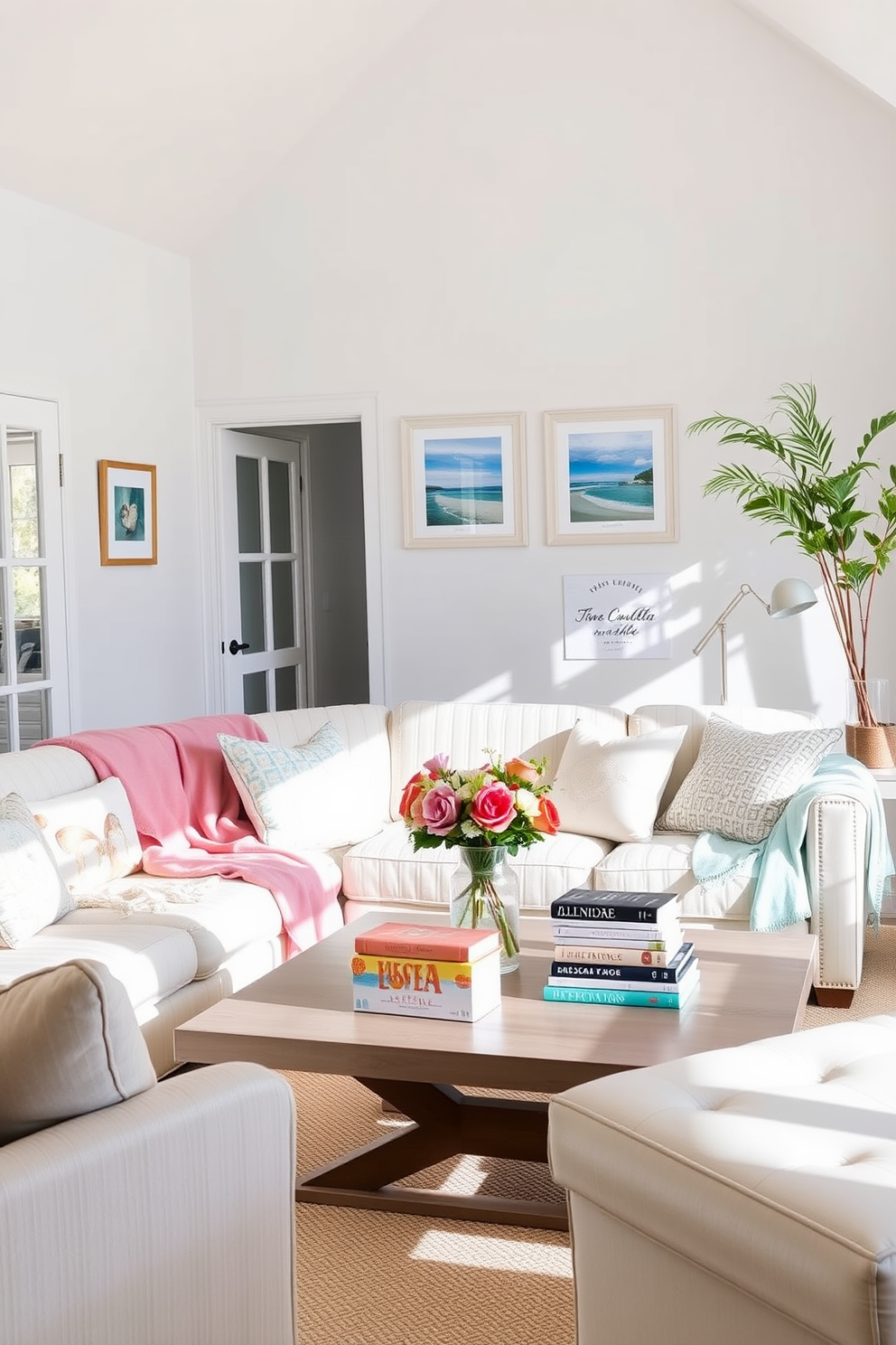 A bright and airy living room filled with natural light. The sofa is adorned with lightweight throws in pastel colors, creating a fresh summer vibe. A large coffee table is set with a vase of seasonal flowers and a stack of colorful books. The walls are painted in a soft white, and a few framed beach-themed artworks add a touch of summer charm.