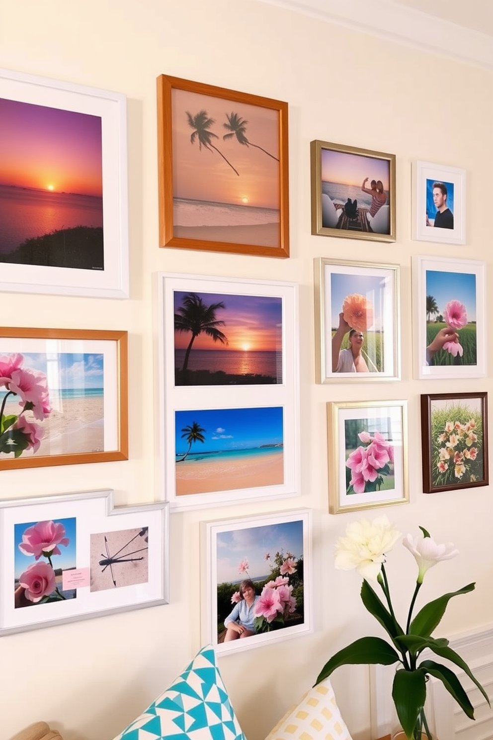 Create a summer-themed gallery wall featuring a collection of vibrant art pieces that evoke the essence of the season. Include framed photographs of sunny beaches, colorful sunsets, and blooming flowers arranged in a dynamic layout. Incorporate a mix of frame styles and sizes to add visual interest and depth to the display. Use a light pastel color palette for the wall background to enhance the summery vibe and make the artwork pop.