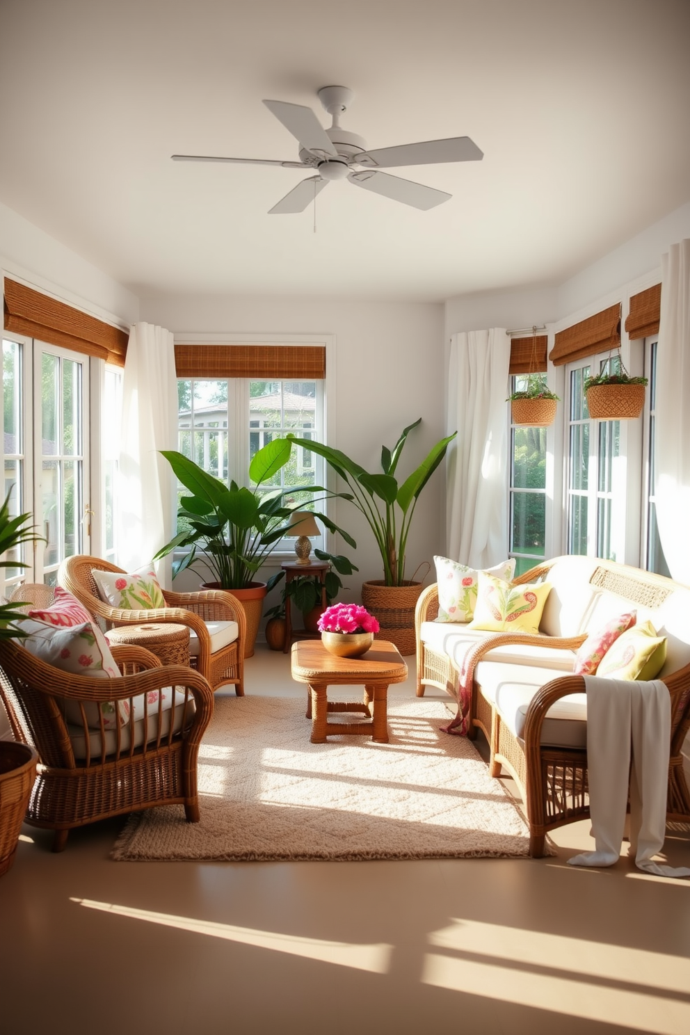 A bright and airy living space features wicker furniture that invites relaxation and comfort. The room is adorned with light, flowing fabrics and vibrant tropical accents to enhance the summer vibe. Large windows allow natural light to flood in, while potted plants add a touch of greenery. A soft area rug anchors the seating area, creating a cozy atmosphere for leisurely gatherings.