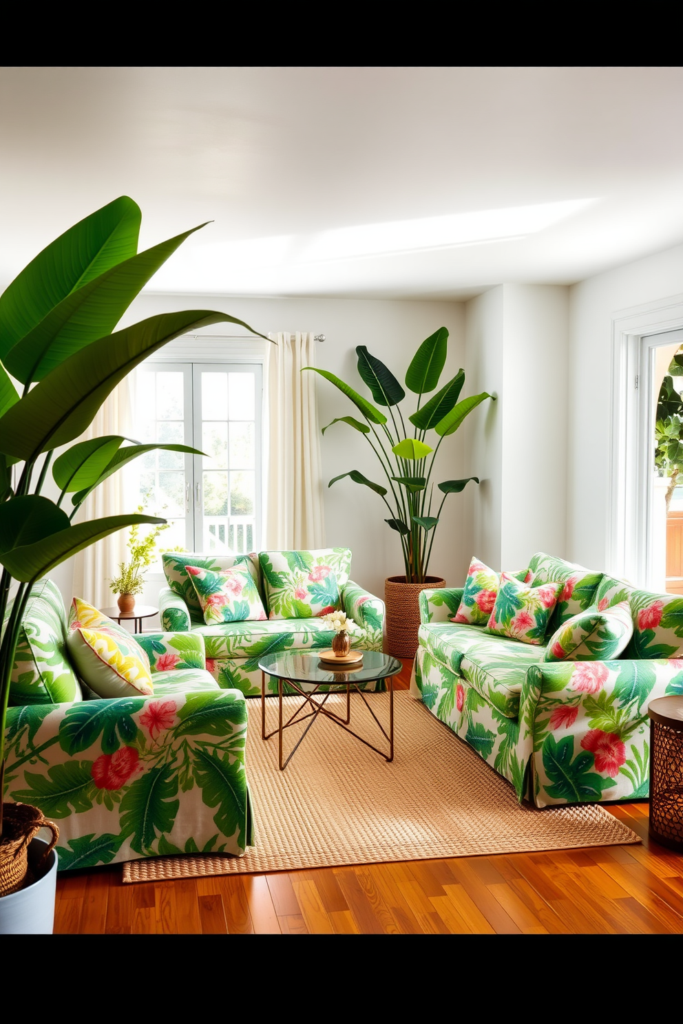 A bright and airy living room adorned with tropical prints. The walls are painted in a soft white, and the furniture features vibrant green and floral patterns that evoke a summer vibe. Large potted plants are placed strategically in the corners, adding a lush feel to the space. A light woven rug covers the hardwood floor, and colorful throw pillows are scattered across the sofa for a cheerful touch.