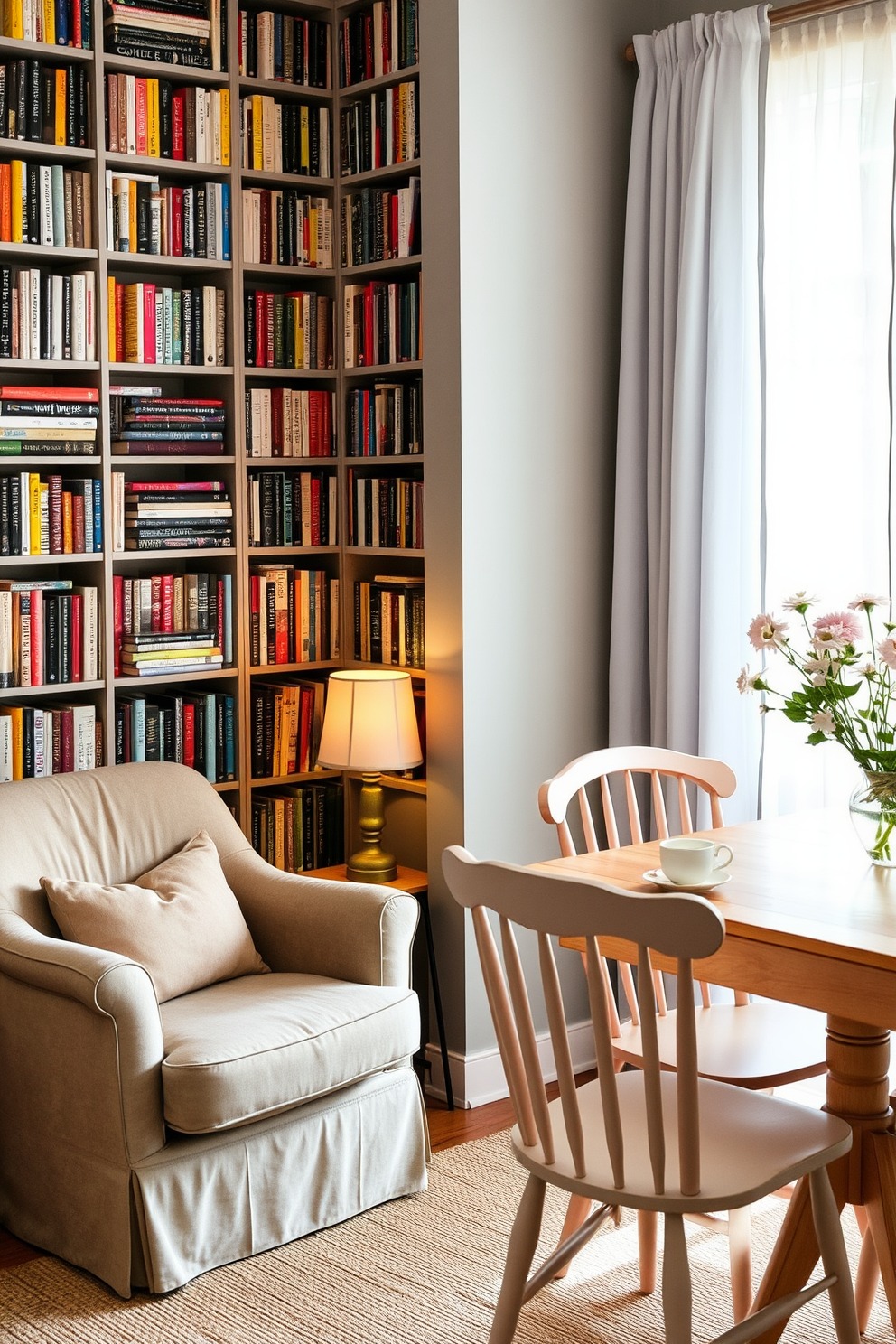 A cozy reading nook corner features a plush armchair upholstered in soft fabric, positioned next to a tall bookshelf filled with an array of colorful books. A small side table holds a steaming cup of tea and a decorative lamp casts a warm glow, inviting relaxation and comfort. Summer dining room decorating ideas include a light wooden dining table surrounded by mismatched chairs in pastel colors, creating an airy and inviting atmosphere. Fresh flowers in a simple vase center the table, while sheer curtains flutter gently in the warm breeze from an open window.