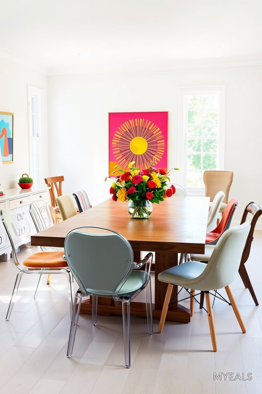 A bright and airy dining room features a large wooden table surrounded by an eclectic mix of dining chairs in various styles and colors. The chairs include a modern acrylic design, a classic upholstered option, and a rustic wooden piece, creating a dynamic and inviting atmosphere. The walls are painted in a soft pastel hue, complemented by vibrant artwork that adds a pop of color. Natural light floods the space through large windows, illuminating a centerpiece of fresh flowers on the table, enhancing the cheerful summer vibe.