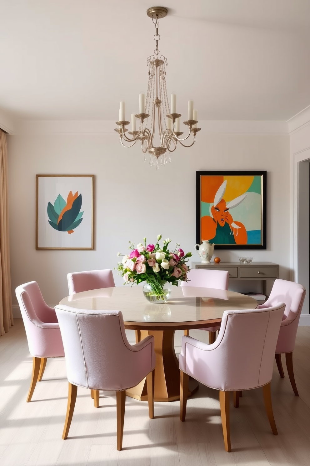 A bright and airy dining room features a large round table surrounded by upholstered chairs in soft pastel colors. A statement chandelier hangs above the table, casting a warm glow and enhancing the inviting atmosphere. The walls are painted in a light, neutral tone, creating a perfect backdrop for vibrant artwork. Fresh flowers in a vase serve as a centerpiece, adding a touch of nature and elegance to the space.