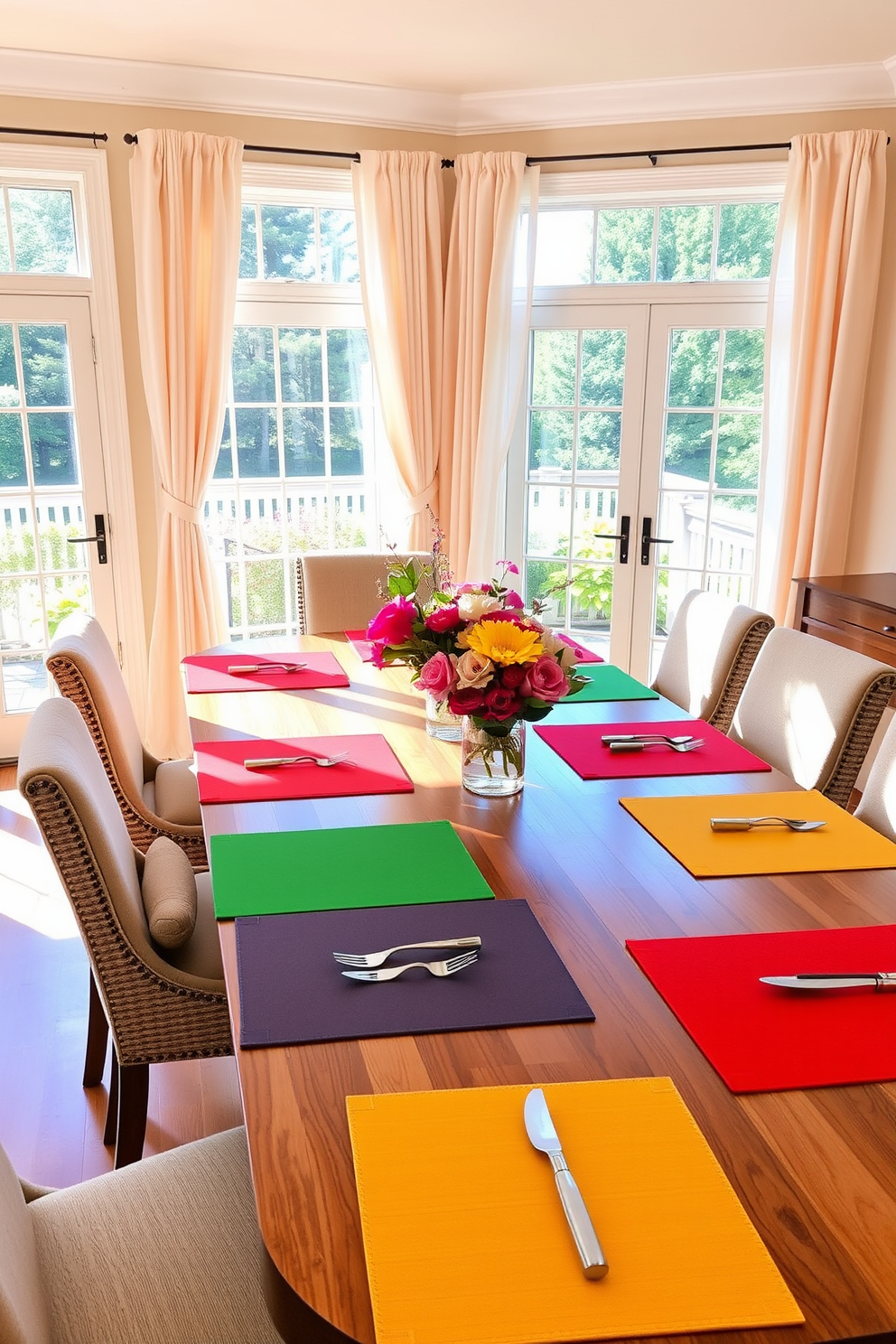 A bright and airy summer dining room features a large wooden table surrounded by comfortable upholstered chairs. Vibrant placemats in bold colors add a striking contrast to the table setting, enhancing the cheerful atmosphere. Large windows allow natural light to flood the space, showcasing fresh floral arrangements as centerpieces. Soft pastel curtains flutter gently in the breeze, complementing the warm tones of the room.