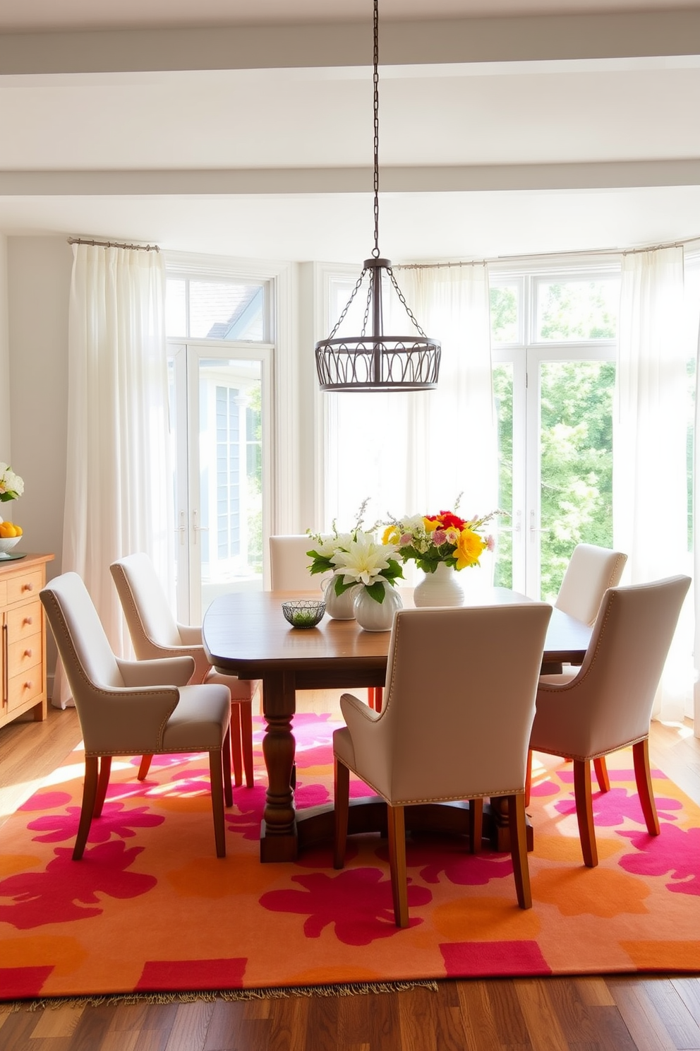 A bright and airy summer dining room features a large wooden table surrounded by comfortable upholstered chairs. A bold area rug in vibrant colors anchors the space, adding warmth and a pop of personality beneath the table. Large windows let in plenty of natural light, adorned with sheer white curtains that flutter gently in the breeze. Fresh floral arrangements in ceramic vases create a cheerful atmosphere, complementing the light and inviting decor.