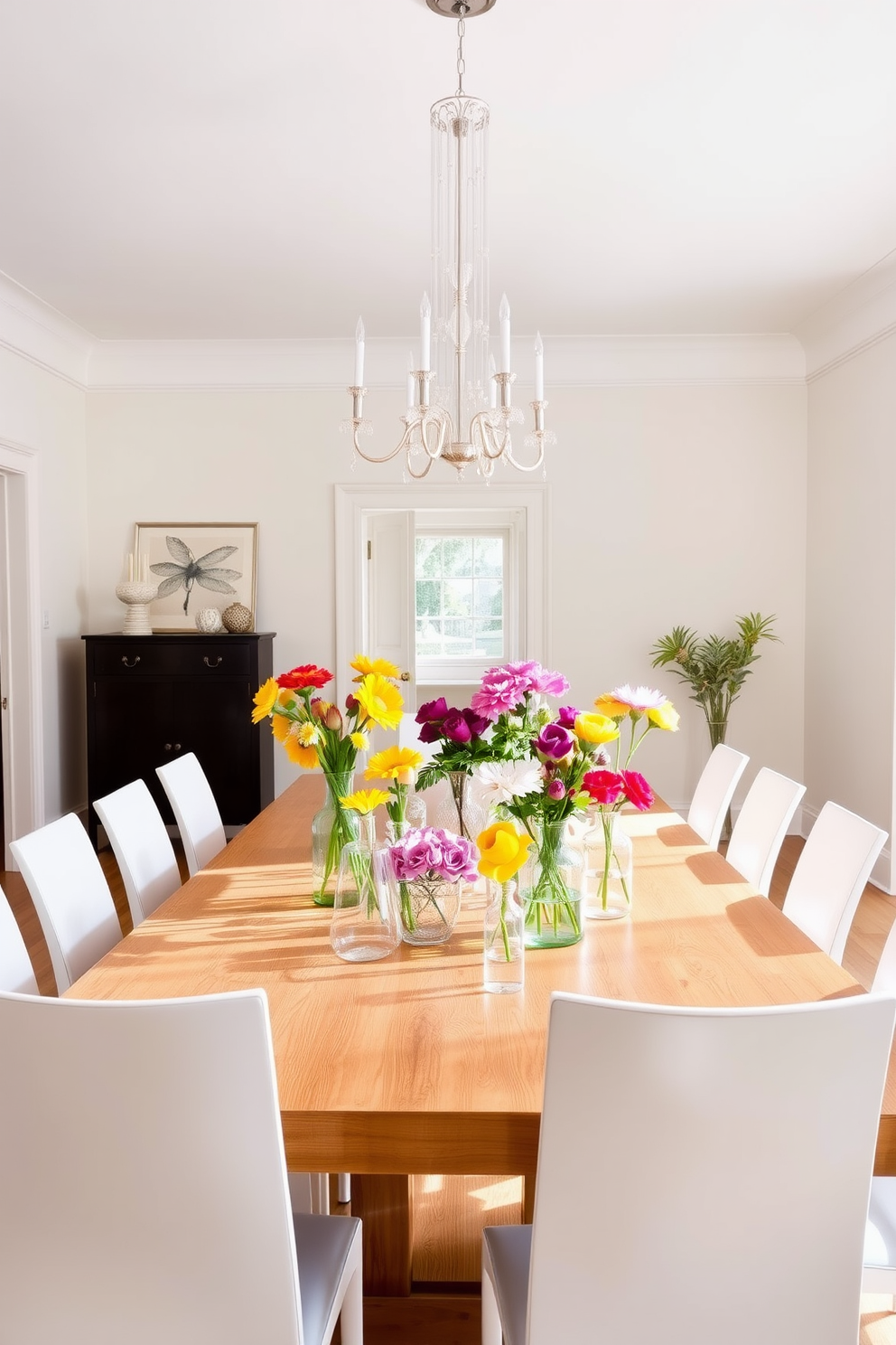 A bright and airy dining room featuring a large wooden table surrounded by sleek white chairs. On the table, an assortment of glass vases in various shapes and sizes hold fresh summer flowers, adding a vibrant pop of color to the space. The walls are painted in a soft pastel hue, creating a warm and inviting atmosphere. A statement chandelier hangs above the table, casting a gentle glow over the room during evening gatherings.