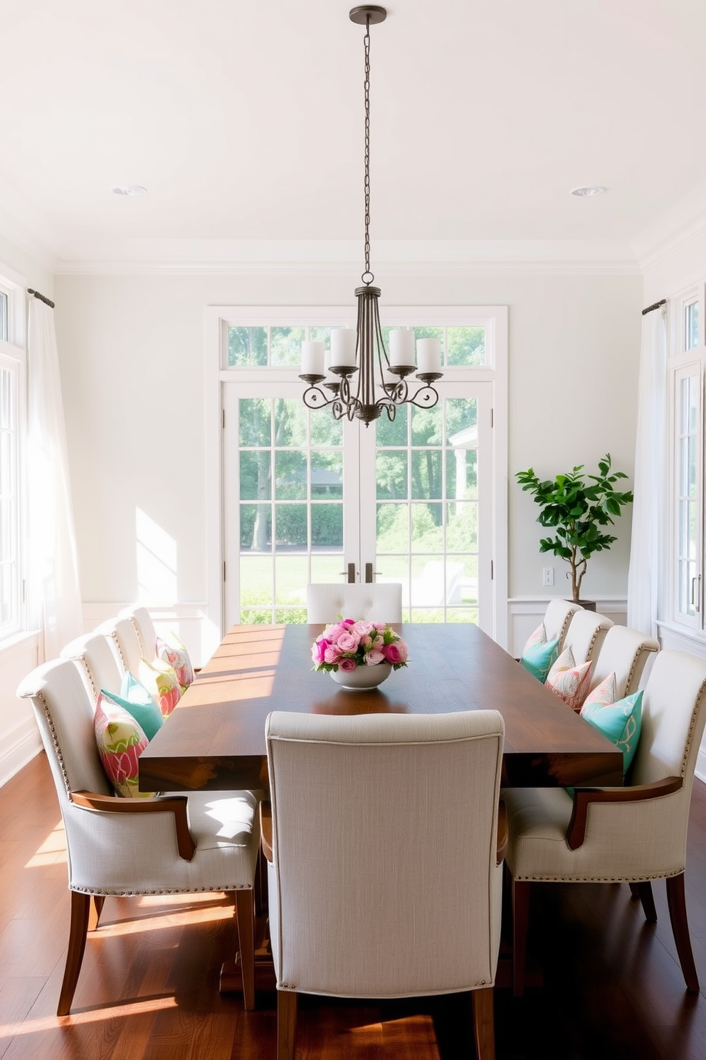 A bright and airy summer dining room features a large wooden table surrounded by upholstered chairs adorned with colorful decorative throw pillows. The walls are painted in a soft pastel hue, and large windows allow natural light to flood the space, complemented by light sheer curtains.