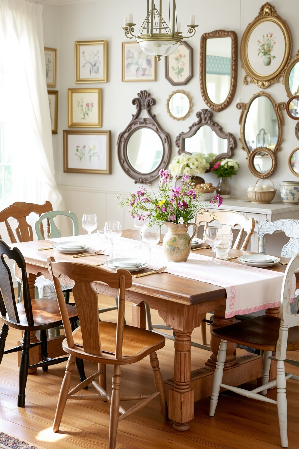 A charming summer dining room features a rustic wooden table surrounded by mismatched vintage chairs, each with its own unique character. Soft pastel table linens are draped across the table, complemented by an assortment of vintage dishware and glassware that adds a whimsical touch. The walls are adorned with framed botanical prints and a collection of vintage mirrors that reflect natural light, creating an inviting atmosphere. A bouquet of fresh wildflowers in a vintage pitcher serves as the centerpiece, while soft, sheer curtains flutter gently in the warm summer breeze.